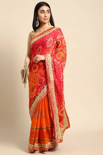 Orange bandhani saree with lace border and unstitched blouse piece