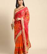 Orange bandhani saree with lace border and unstitched blouse piece