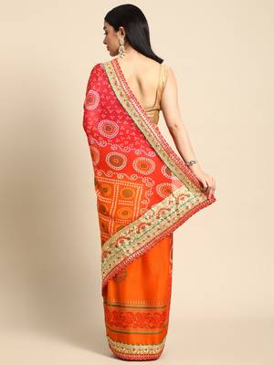 Orange bandhani saree with lace border and unstitched blouse piece 2