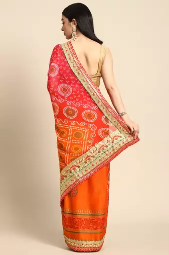 Orange bandhani saree with lace border and unstitched blouse piece