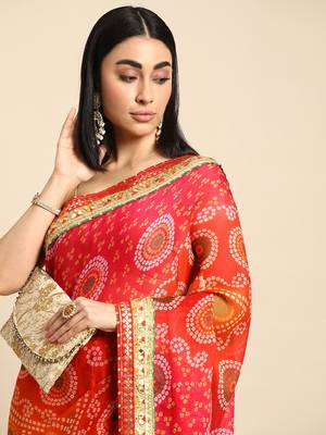 Orange bandhani saree with lace border and unstitched blouse piece 3