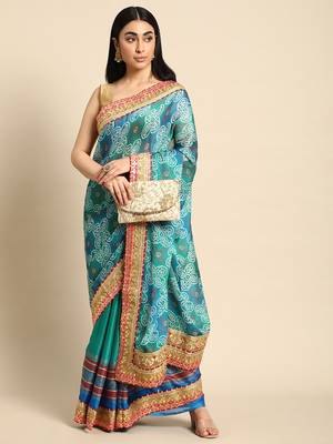 Blue bandhani saree with lace border and unstitched blouse piece 1