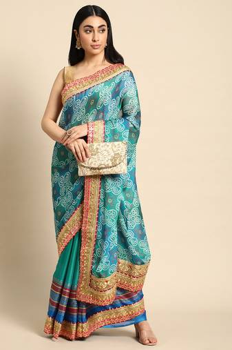 Blue bandhani saree with lace border and unstitched blouse piece