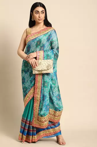Blue bandhani saree with lace border and unstitched blouse piece