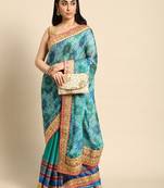 Blue bandhani saree with lace border and unstitched blouse piece