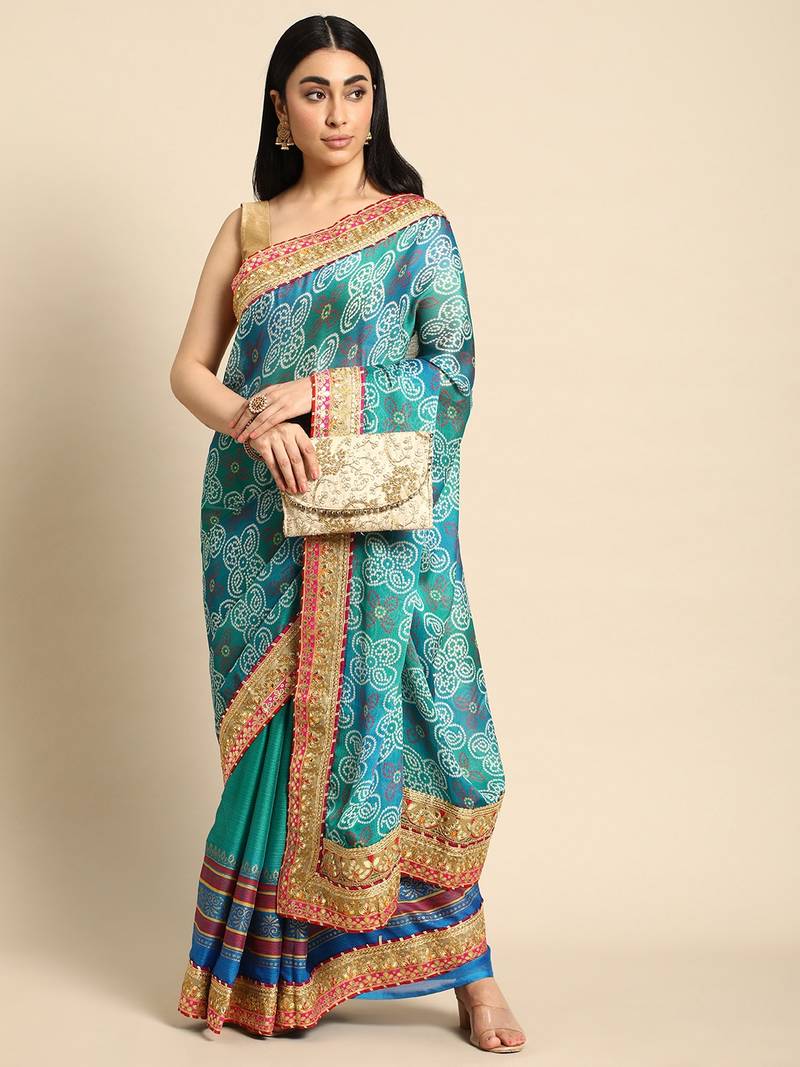 Blue bandhani saree with lace border and unstitched blouse piece