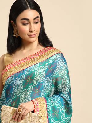 Blue bandhani saree with lace border and unstitched blouse piece 3
