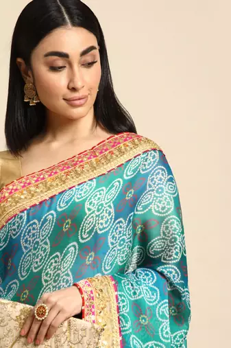 Blue bandhani saree with lace border and unstitched blouse piece