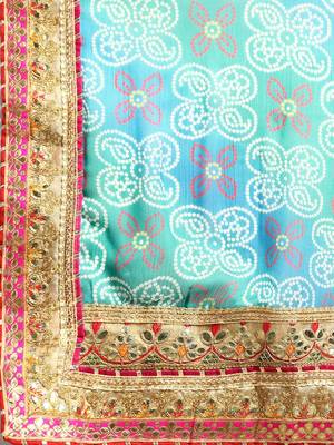 Blue bandhani saree with lace border and unstitched blouse piece 4