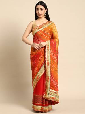 Pink bandhani saree with lace border and unstitched blouse piece 1