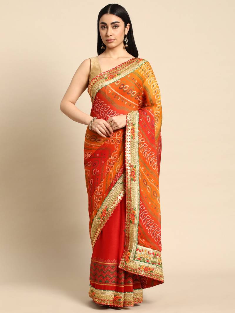 Pink bandhani saree with lace border and unstitched blouse piece