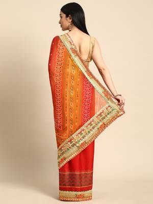 Pink bandhani saree with lace border and unstitched blouse piece 2
