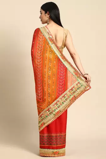 Pink bandhani saree with lace border and unstitched blouse piece