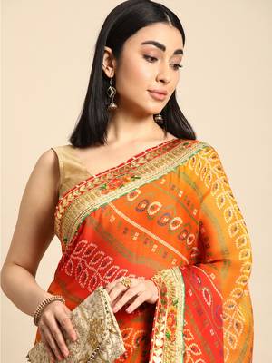 Pink bandhani saree with lace border and unstitched blouse piece 3