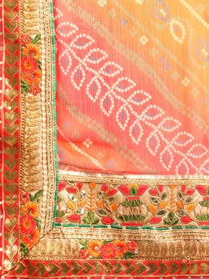 Pink bandhani saree with lace border and unstitched blouse piece 4