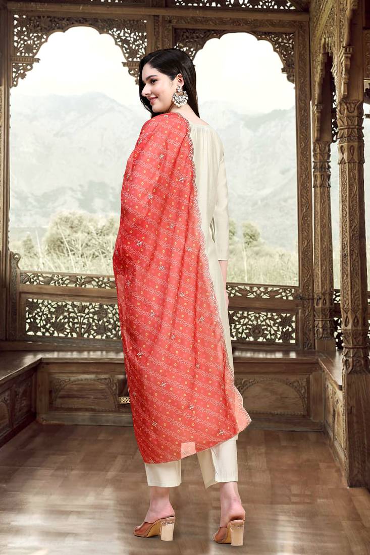 Trendmalls  Cotton Embroidery Salwar Suit Set Kurta Pant with Dupatta Beige Kurta Set for Women, Party Wear