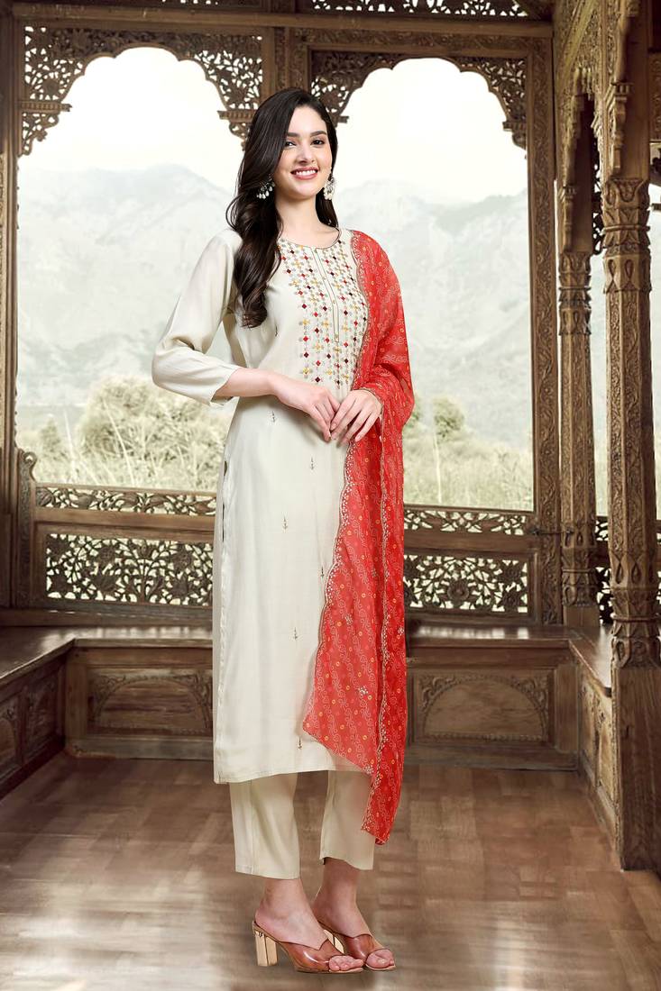 Trendmalls  Cotton Embroidery Salwar Suit Set Kurta Pant with Dupatta Beige Kurta Set for Women, Party Wear