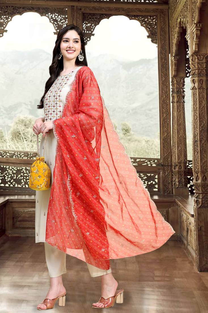 Trendmalls  Cotton Embroidery Salwar Suit Set Kurta Pant with Dupatta Beige Kurta Set for Women, Party Wear