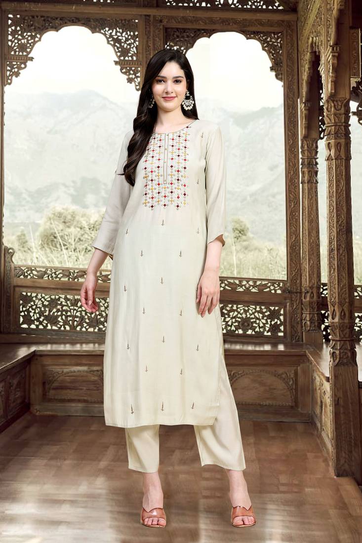 Trendmalls  Cotton Embroidery Salwar Suit Set Kurta Pant with Dupatta Beige Kurta Set for Women, Party Wear