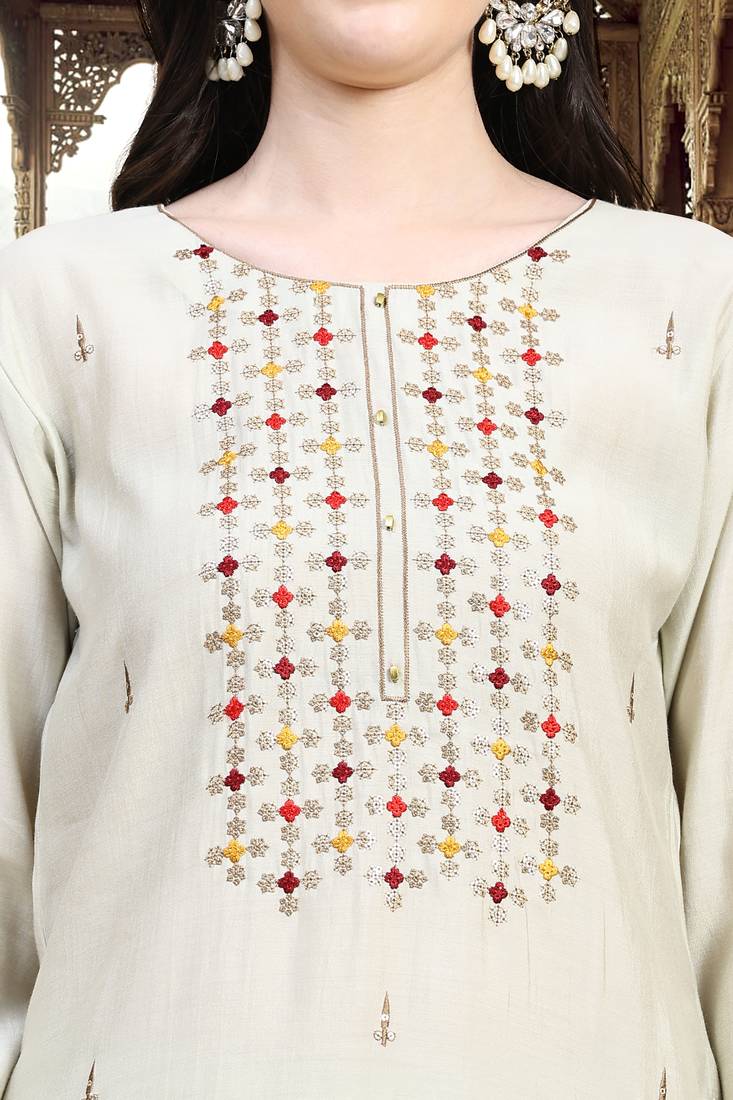 Trendmalls  Cotton Embroidery Salwar Suit Set Kurta Pant with Dupatta Beige Kurta Set for Women, Party Wear