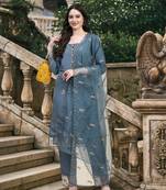Trendmalls Women's Grey Chaderi Cotton Embroidery Salwar Suit Set Kurta Pant with Dupatta