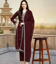 Maroon Embroidered Pure Satin Kurta set with Dupatta for Women