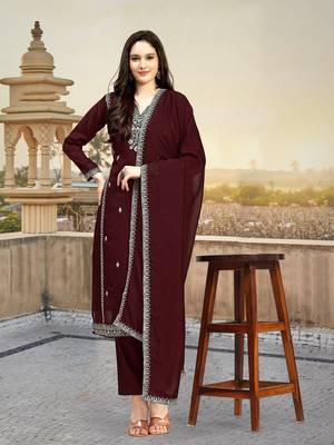 Maroon Embroidered Pure Satin Kurta set with Dupatta for Women 3
