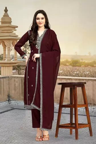 Trendmalls Maroon Embroidered Pure Satin Kurta set with Dupatta for Women