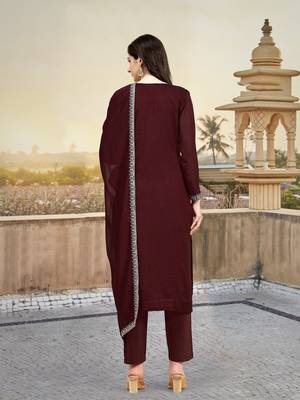Maroon Embroidered Pure Satin Kurta set with Dupatta for Women 4