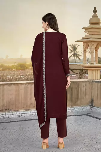 Trendmalls Maroon Embroidered Pure Satin Kurta set with Dupatta for Women