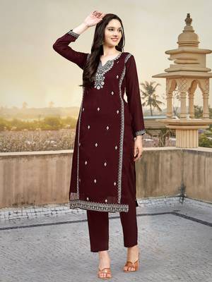 Maroon Embroidered Pure Satin Kurta set with Dupatta for Women 1