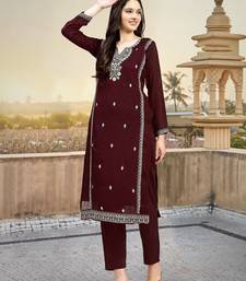 Maroon Embroidered Pure Satin Kurta set with Dupatta for Women
