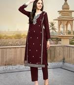 Maroon Embroidered Pure Satin Kurta set with Dupatta for Women