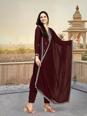 Maroon Embroidered Pure Satin Kurta set with Dupatta for Women 5