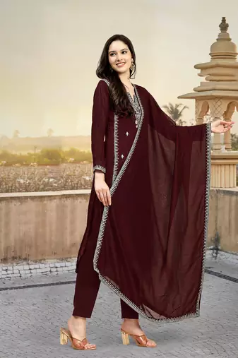 Trendmalls Maroon Embroidered Pure Satin Kurta set with Dupatta for Women