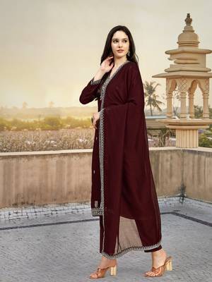 Maroon Embroidered Pure Satin Kurta set with Dupatta for Women 6