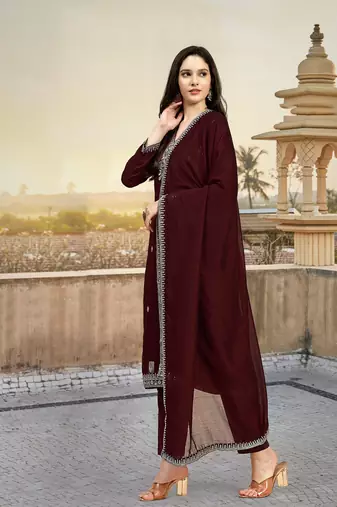Trendmalls Maroon Embroidered Pure Satin Kurta set with Dupatta for Women