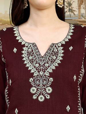 Maroon Embroidered Pure Satin Kurta set with Dupatta for Women 7