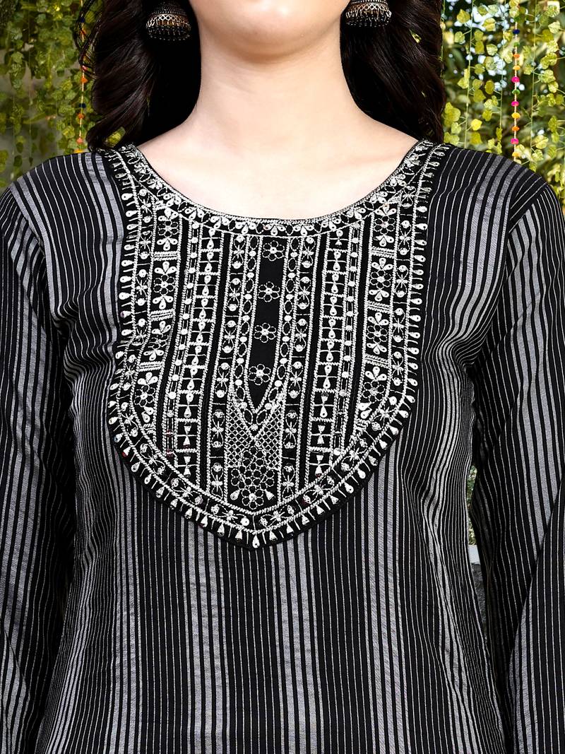 Trendmalls  Cotton Embroidery Salwar Suit Set Kurta Pant with Dupatta Black Kurta Set for Women, Party Wear