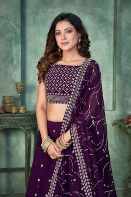 Purple Embroidered Georgette Lehenga-Choli 4