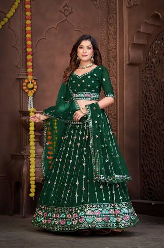 Green Embroidered Georgette Lehenga-Choli