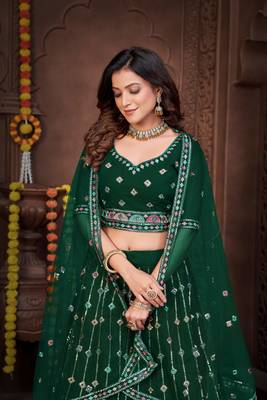 Green Embroidered Georgette Lehenga-Choli 3