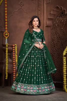 Green Embroidered Georgette Lehenga-Choli 4