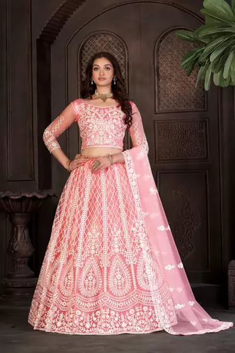 Peach Embroidered Net Lehenga-Choli
