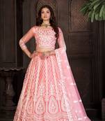 Peach Embroidered Net Lehenga-Choli