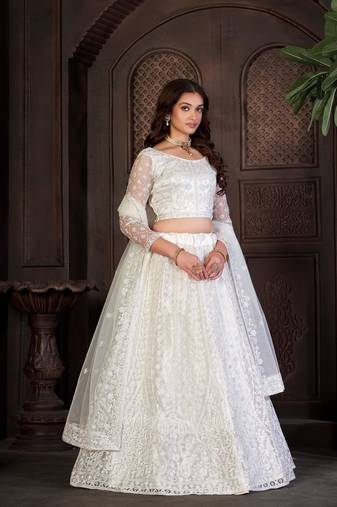 White Embroidered Net Lehenga-Choli