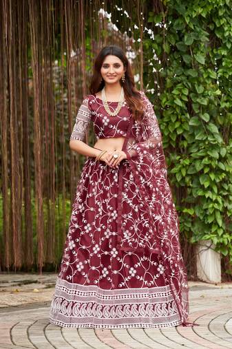 Maroon Embroidered Net Lehenga-Choli