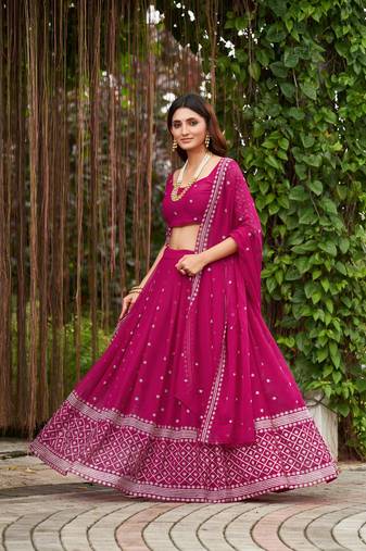 Pink Embroidered Georgette Lehenga-Choli