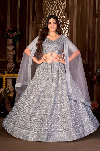 Blue Embroidered Net Lehenga-Choli