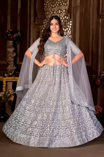 Blue Embroidered Net Lehenga-Choli